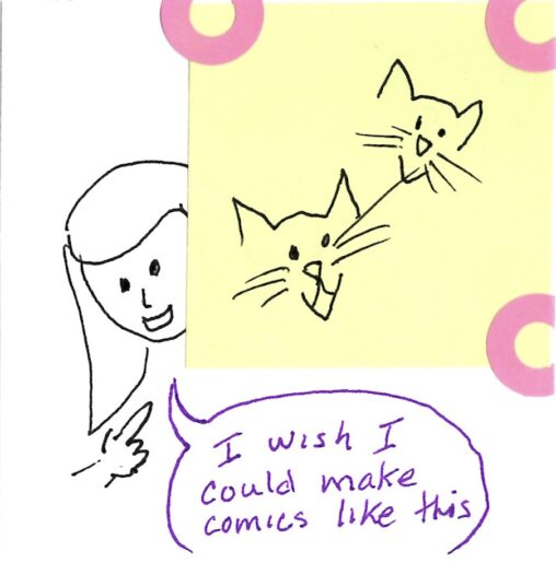 simple line drawing of woman holding up comic of two cats