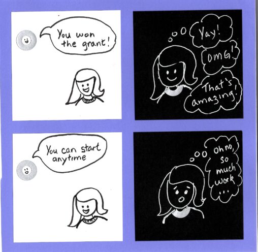 four panel comic, simple line face of a woman: \