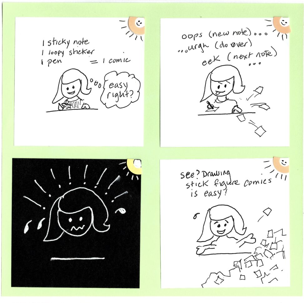 four simple line comic panels showing woman at desk creating stick figure comics